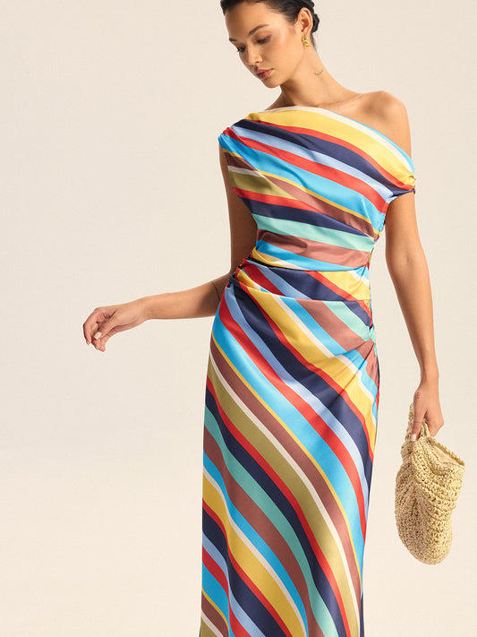 Colorful Striped One-Shoulder Maxi Dress