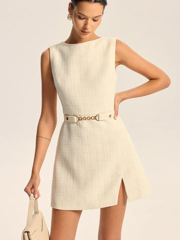Tweed Slit Mini Dress with Detachable Belt