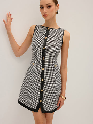 Houndstooth PU Leather Trim Mini Dress