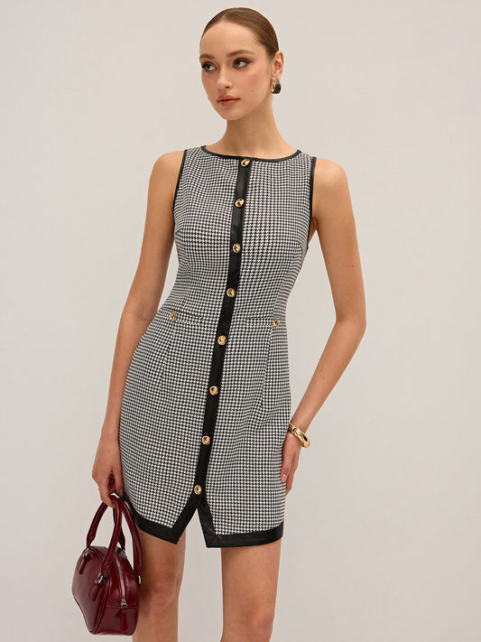 Houndstooth PU Leather Trim Mini Dress