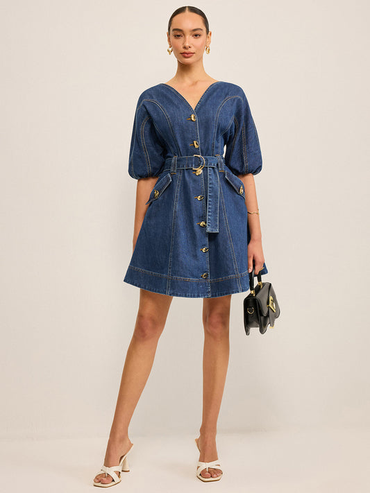 Pocketed Belted Denim Dress