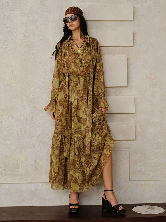 Boho Print Chiffon Maxi Dress Set with Liner