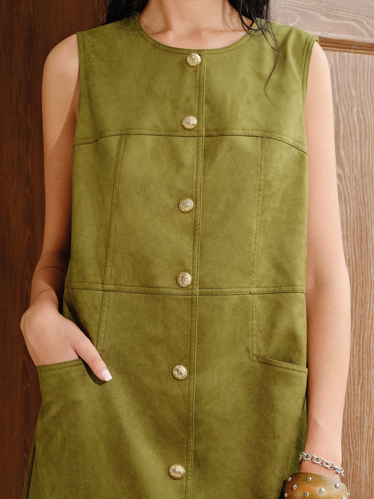 Suede Metal Button Mini Dress