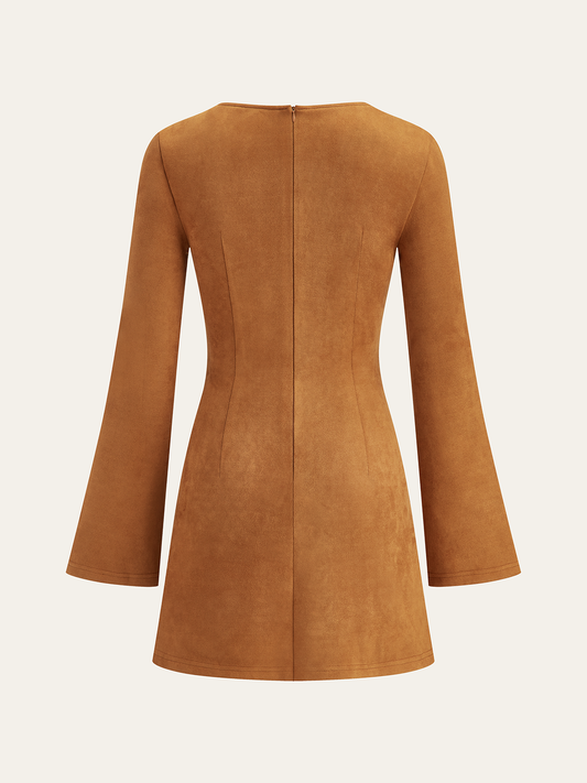 Asymmetrical Ruched Long Sleeve Suede Mini Dress