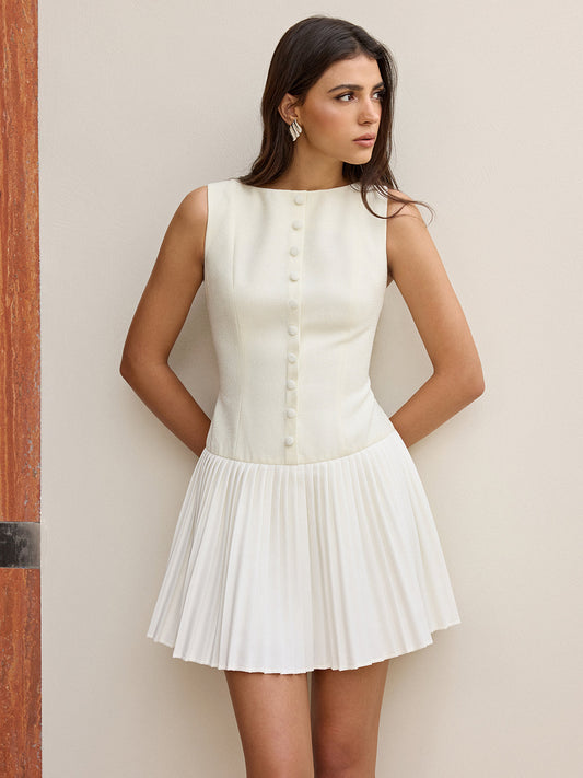 Button-Front Panel Pleated Hem Mini Dress