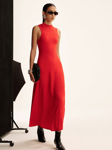 Sleeveless Mock Neck Wool Blend Maxi Sweater Dress