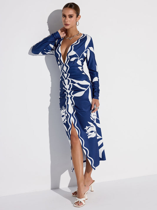 Printed Plunge Neck Slit Midi Dress