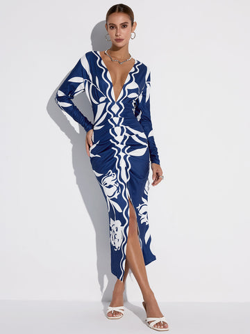 Printed Plunge Neck Slit Midi Dress