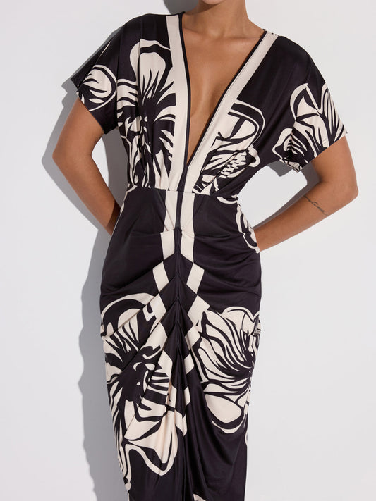 Floral Printed Ruched Deep V-Neck Midi Dress