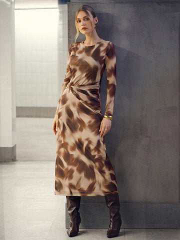Abstract Print Twisted Mesh Midi Dress