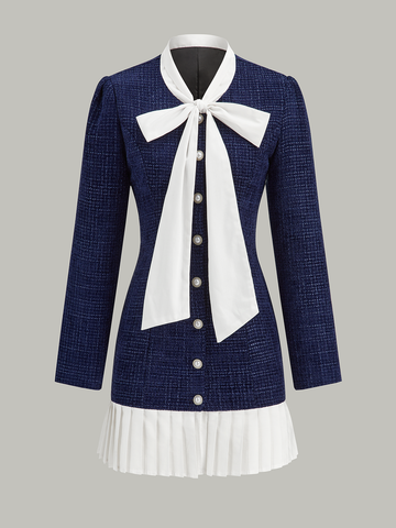 Pleated Hem Bow Neckline Tweed Mini Dress