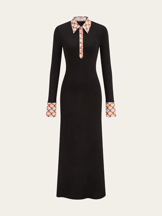 Print Trim Shirt Collar Maxi Dress