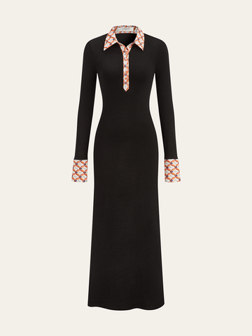 Print Trim Shirt Collar Maxi Dress