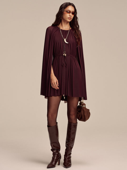 Mesh Cape Sleeve Tie-Waist Mini Dress