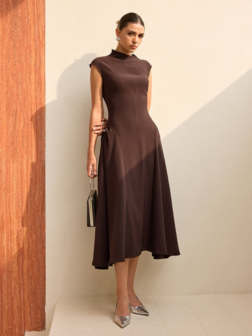 Asymmetrical Neck Cap Sleeve Maxi Dress