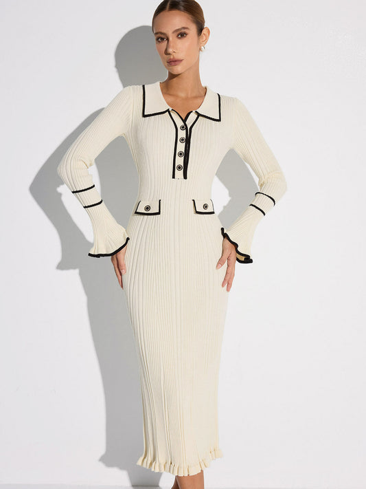 Contrast Trim Buttoned Ribbed Sweater Dress