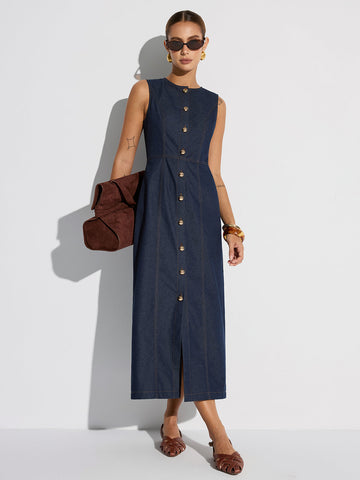 Button-Front Sleeveless Denim Maxi Dress