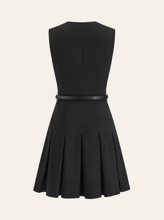 Sleeveless Keyhole-Neck Belted Pleated Mini Dress