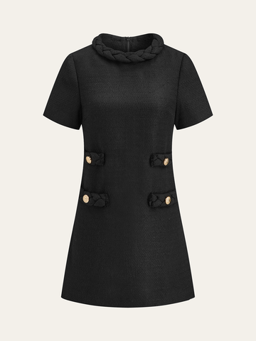 Tweed Braided Rope Collar Short Sleeve Dress