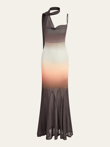 Halter Neck Ombre Mesh Maxi Dress