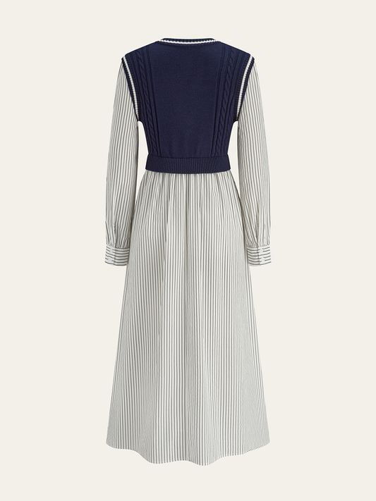 2 in 1 Cable-Knit Paneled Striped Midi Dress