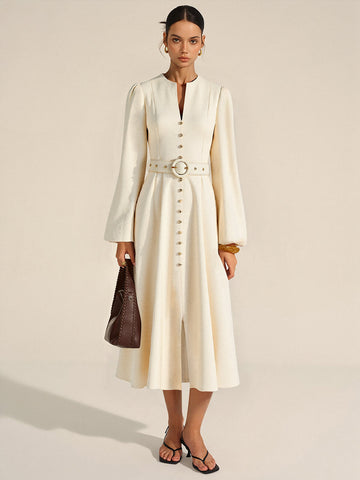 Button Front Belted Midi Dress