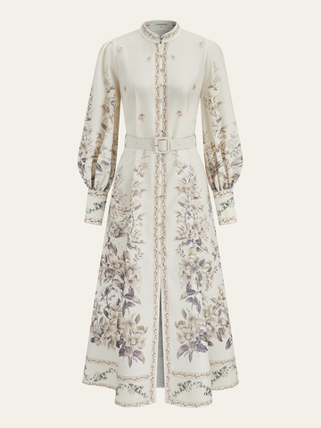 Floral Print Stand Collar Belted Midi Dress