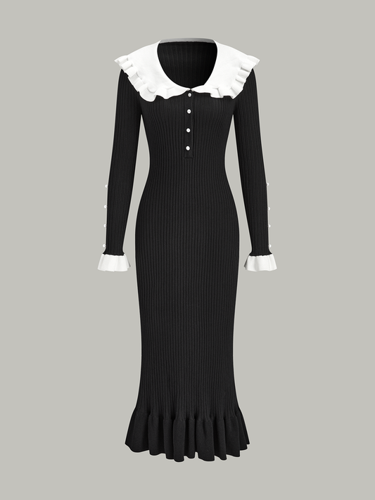 Contrast Ruffled Collar Knit Midi Dress