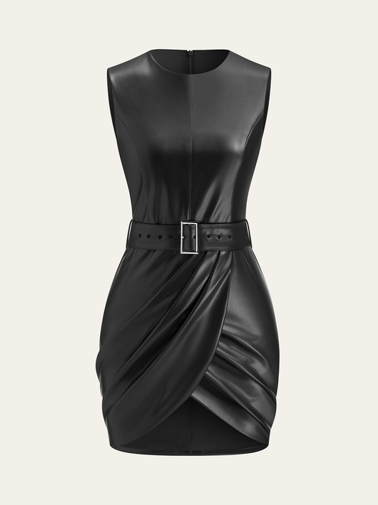 Faux Leather Sleeveless Dress with Belt