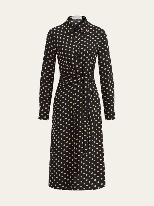 Polka Dot Shirt Collar Belted Long Sleeve Dress