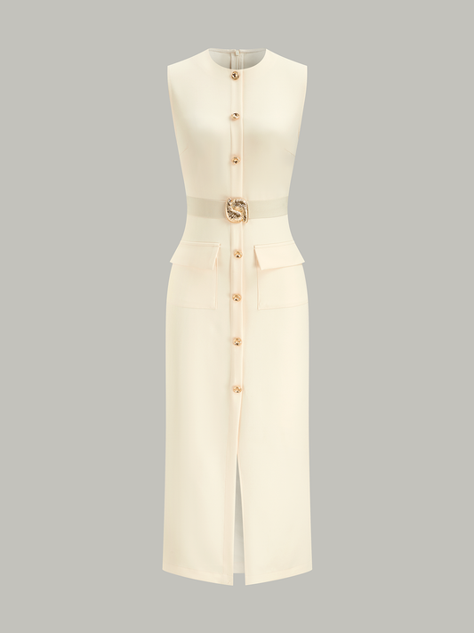 Button-Front Belted Maxi Dress