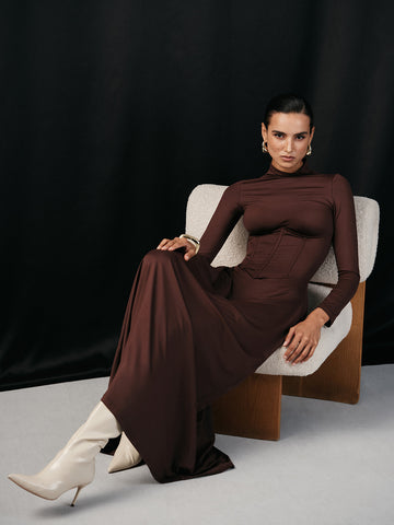 Mock Neck Corset Waist Long Sleeve Maxi Dress