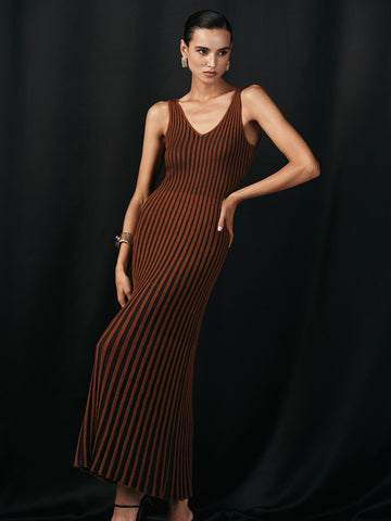 Wool Blend Striped Knit V-Neck Midi Dress