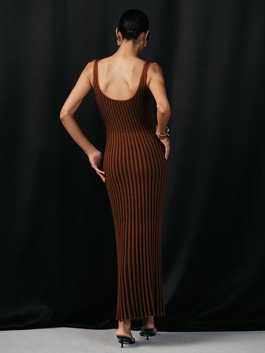 Wool Blend Striped Knit V-Neck Midi Dress