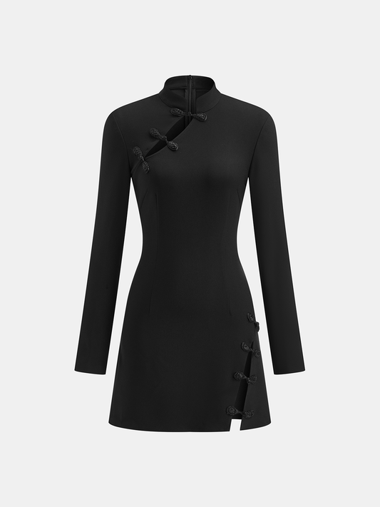 Stand Collar Long Sleeve Know Button Side Slit Dress