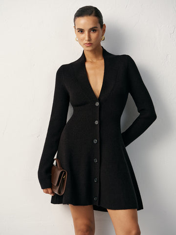 V-Neck Buttoned Wool Blend Sweater Dress