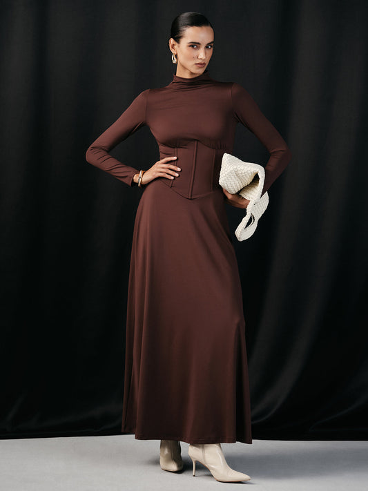 Mock Neck Corset Waist Long Sleeve Maxi Dress