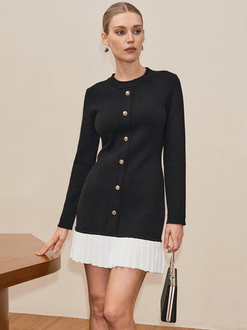Long Sleeve Pleated Hem Sweater Dress