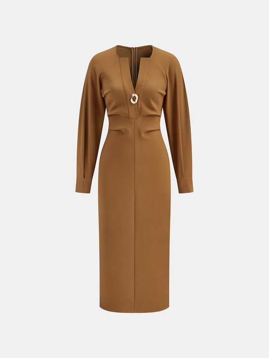 V-Neck Metal Detail Fitted Waist Dress