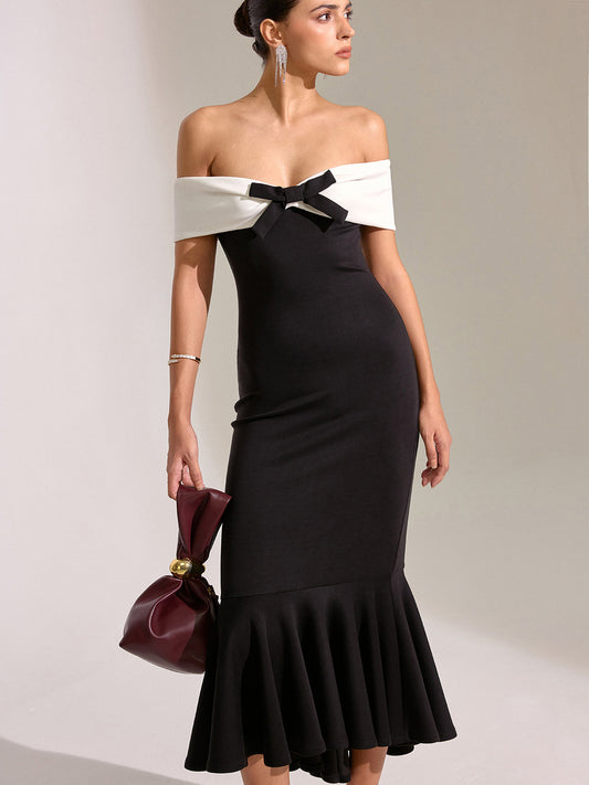Bow Off-Shoulder Mermaid Midi Dress