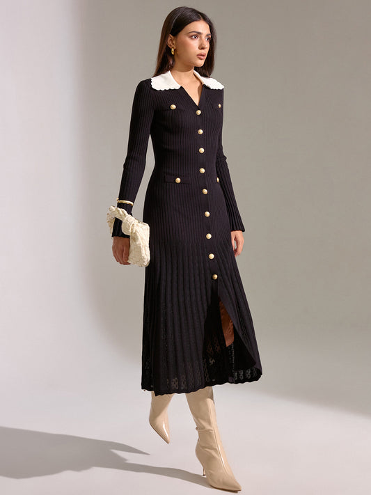 V-neck Collared Button Knitted Dress