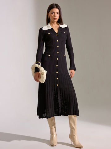 V-neck Collared Button Knitted Dress