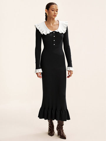Contrast Ruffled Collar Knit Midi Dress