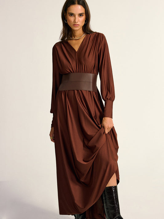 Wide Belted Long Sleeve V-Neck Maxi Dress