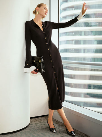 Contrast Flared Cuff Metal Button Shirt Dress