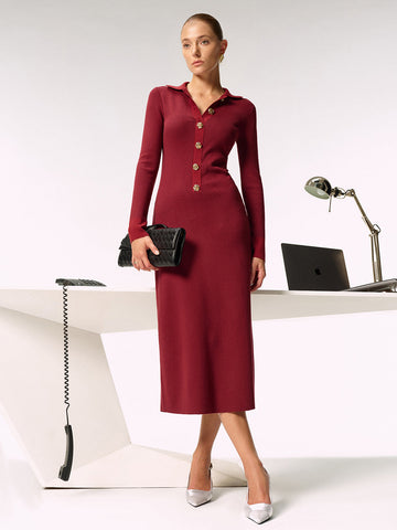 Shirt Collar Metal Button Knit Maxi Dress