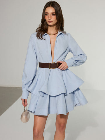 Belted Zip-From Cotton Tiered Shirt Dress