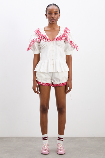White Top and Shorts Set with Pink Floral Embroidery