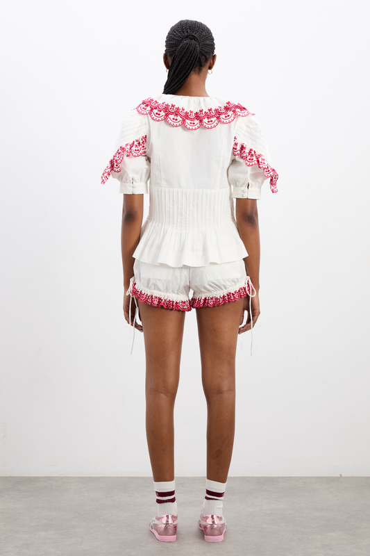 White Top and Shorts Set with Pink Floral Embroidery