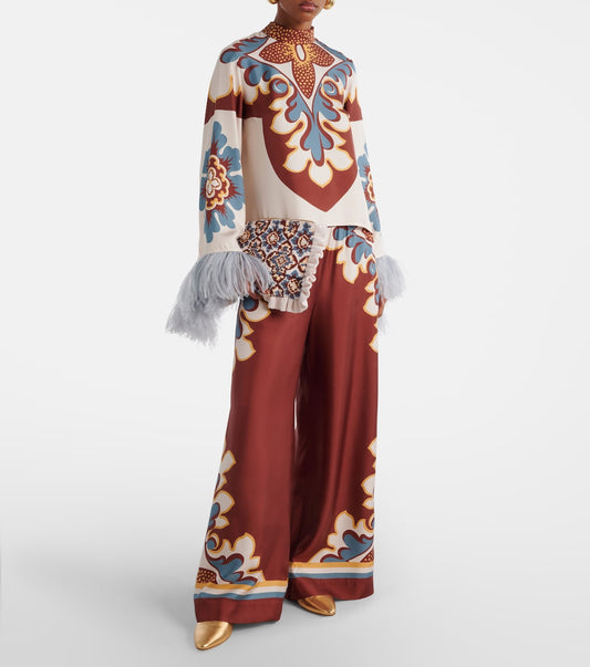 Floral - Patterned Top and Wide - Leg Pants Set